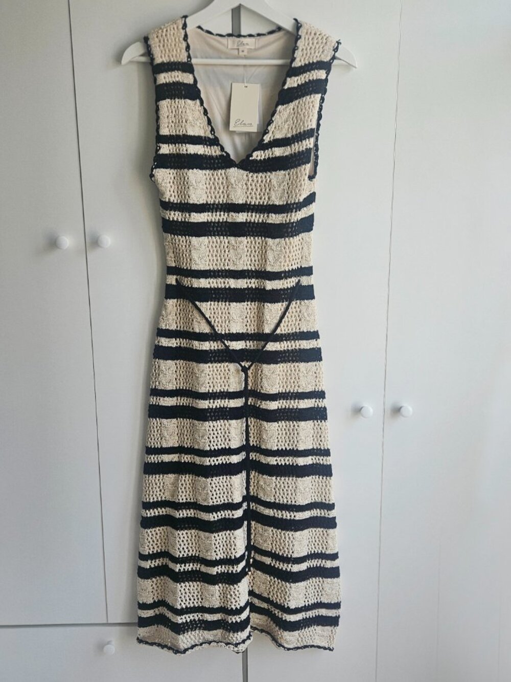 Elan Crochet Stripe Midi Dress NWT Medium Black Ivory Cover-Up Resort, Size M
